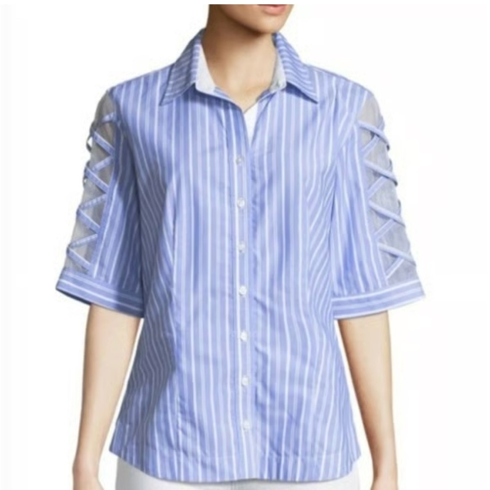 Classic and Crisp Finley Blue and White Stripe Mesh Sleeve Button Down Women L